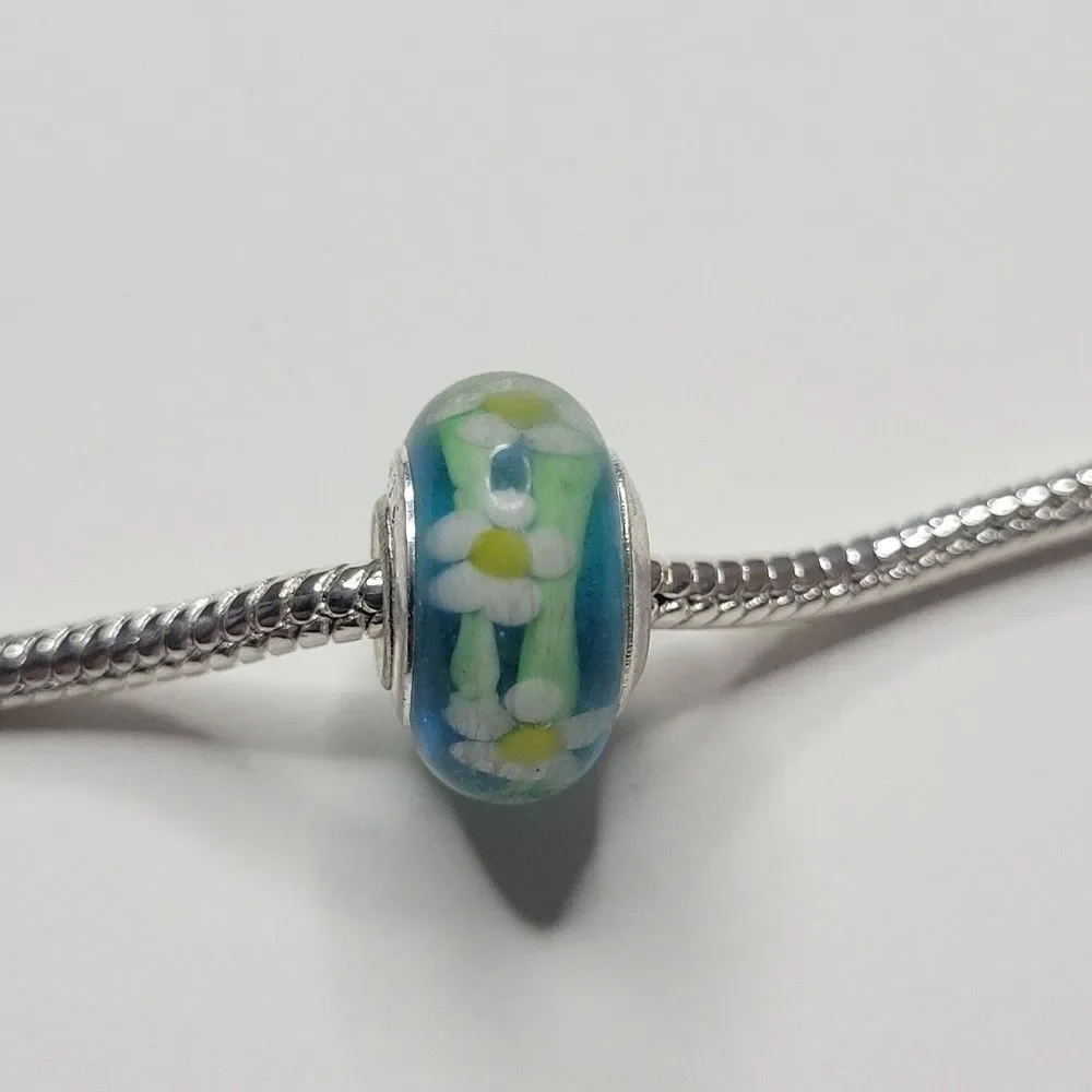 NWT For Pandora Charm Bracelet 925 Sterling Silver Murano Glass White Daisy Bead